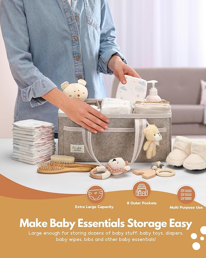 PeraBella XL Diaper Caddy Organizer With Handle, Baby Shower Gifts Basket Bag, Registry Search Must Haves Items, Newborn Girl Boy Nursery Storage Organizer, Baby Bag Essentials, Car Diaper Caddy Cart