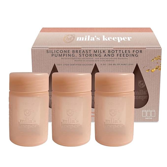Mila's Keeper Premium Silicone Breast Milk Storage Bottles, for Pumping, Storing and Feeding, Fits Leading Pumps and Nipples, 6 oz Silicone Milk Storage Containers, Wide Neck Pink Sands, Set of 3