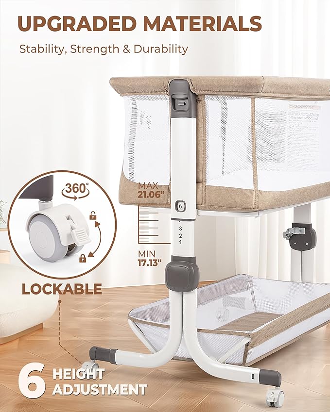 Baby Bassinet Bedside Sleeper, Upgraded Stability Bedside Crib with Full Mesh Sides, Soft Sheet, 6-Height Adjustment, Storage Basket, Easy Folding Portable Bassinet for Newborns,Camel