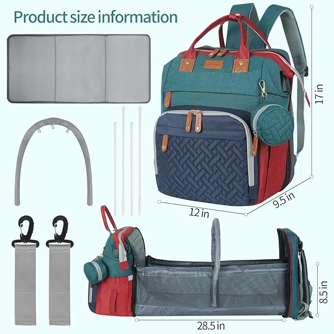 large diaper bag backpack，baby bag with changing station for Boys Girls，Multifunctional Diaper Bag，Mommy Bag With USB Charging Port（Blue-green-red）