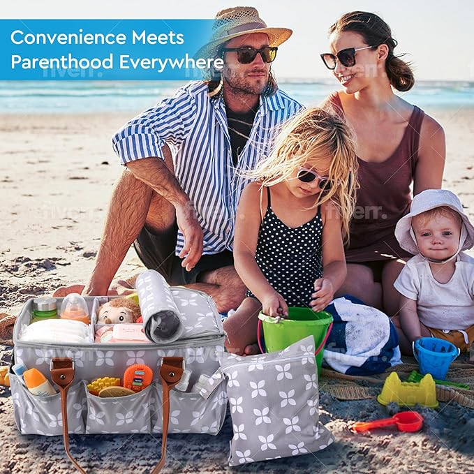 Moteph Diaper Caddy Organizer - Baby Caddy with Lid & Changing Mat, Car Diaper Caddy, Large Nursery Storage Diaper Tote Basket for Changing Table with Zip-Top Cover, Great for Baby Showers - Grey