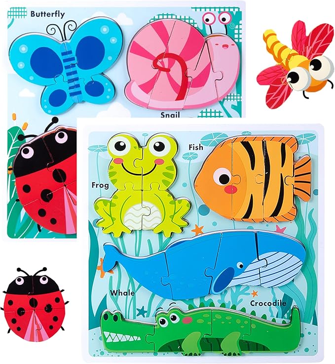Wooden Creature Puzzles for Toddlers 2-4,Toddler Jigsaw Puzzle Ages 1-3, Montessori Educational Toys for 2 3 Years Old, Wood Learning Gifts for Preschool Kids Boys Girls