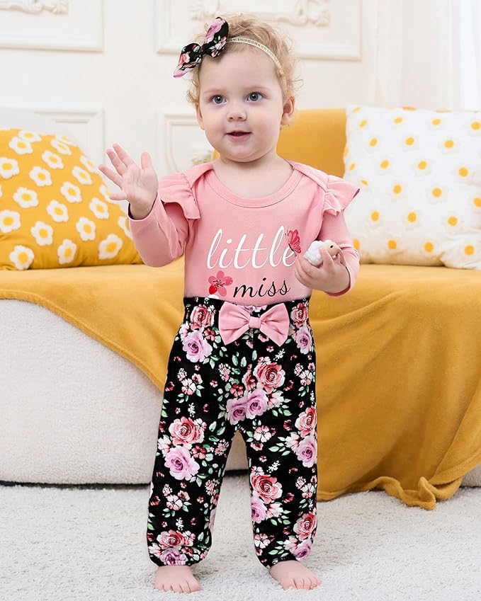 Baby Girl Clothes Newborn Infant Cotton Ruffle Romper+ Floral Pants + Headband Sets Fall Winter Outfits