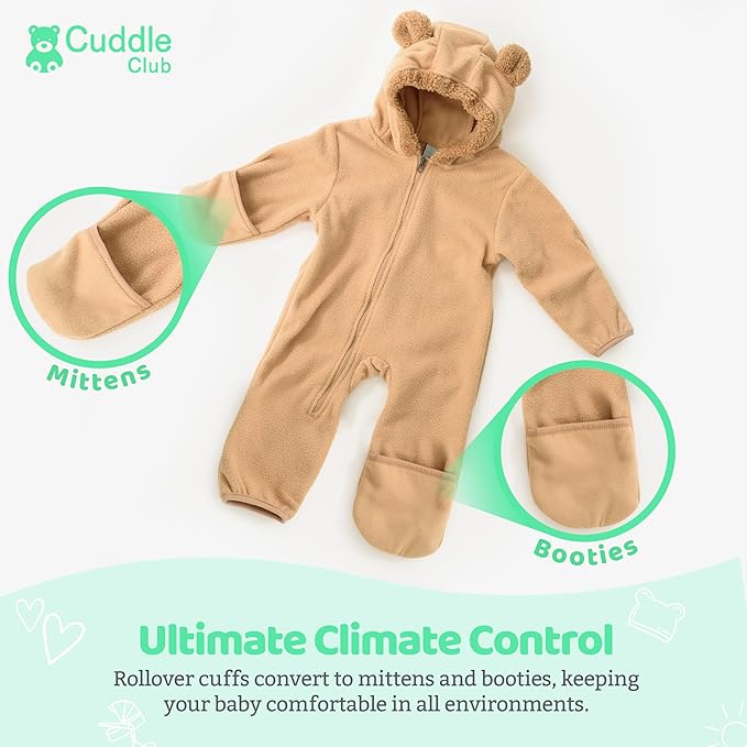 Cuddle Club Fleece Baby Bunting Bodysuit with Hood, Convertible Mittens & Booties, Car Seat Friendly, Soft & Warm, Easy Zip