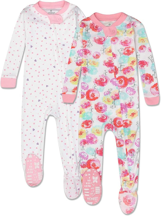 HonestBaby 2-Pack Non-Slip Footed Pajamas One-Piece Sleeper Jumpsuit Zip-Front Pjs 100% Organic Cotton for Baby Girls