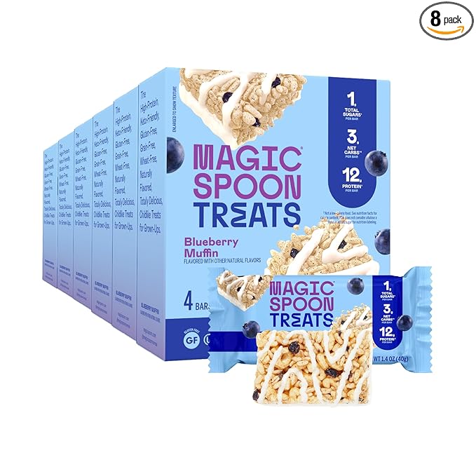 MAGIC SPOON Treats - High Protein, Low Carb, Keto Friendly, Low Sugar, Gluten Free, Crispy Protein Bar Cereal Bar, On-The-Go Healthy Snack (Blueberry Muffin, 24 Bars)