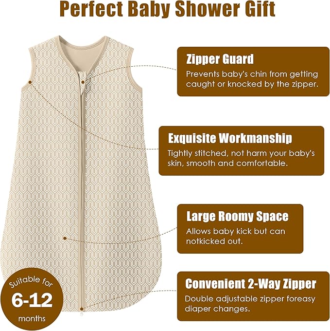 SWEET DOLPHIN Baby Sleep Sack 6-12 Months - 100% Cotton 2-Way Zipper TOG 0.5 Infant Wearable Blanket, Newborn Essentials Toddler 3 Pack Sleeping Sacks - Brown