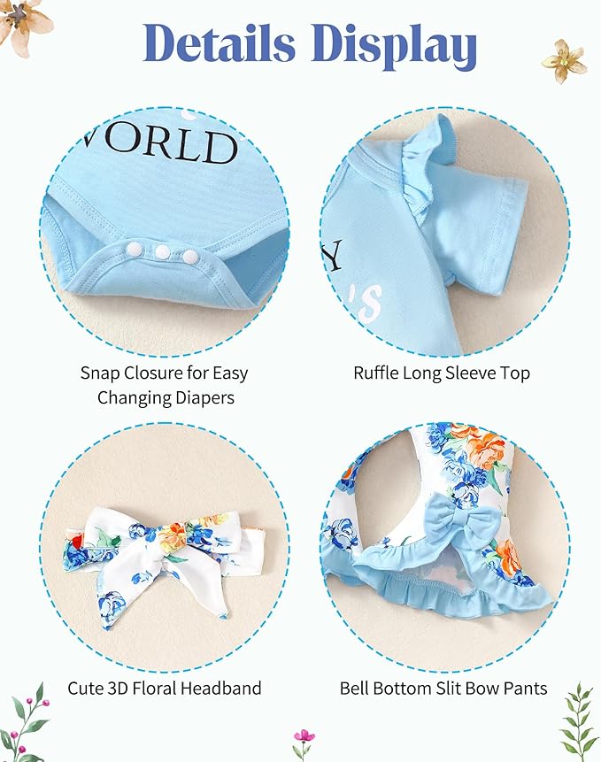 SUNNY PIGGY Newborn Baby Girl Clothes Infant Outfits Romper Floral Fall Outfit Bell Bottoms Pant Sets Hat Headband Flowerpant