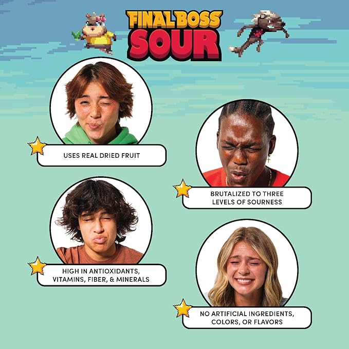 Final Boss Sour Candy, Sour Strawberries, 10 Pack, Level 2, Fruit Chews with Real Dried Fruit, No Artificial Colors or Flavors, Low Calorie Snack for Kids, Teens, Adults, Lunch Boxes & On The Go