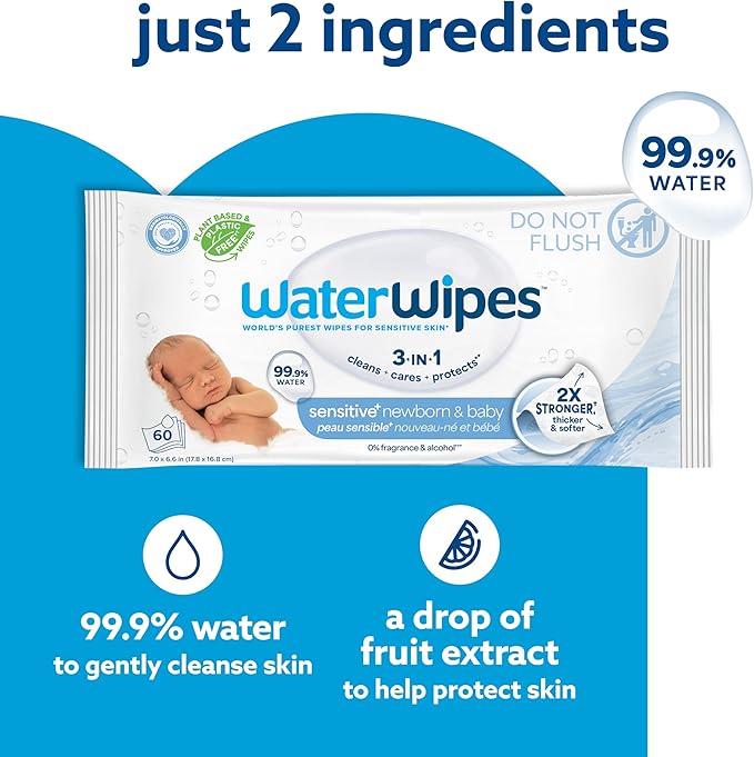 WaterWipes Sensitive+ Newborn & Baby Wipes, 3-In-1 Cleans, Cares, Protects, 99.9% Water, Unscented & Hypoallergenic, 720 Count (12 Packs)