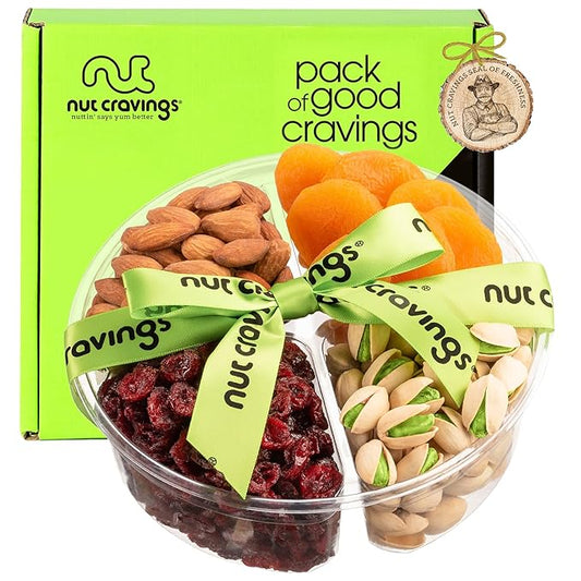 NUT CRAVINGS - Rosh Hashana & Shana Tova Dried Fruit & Mixed Nuts Gift Basket + Green Ribbon (4 Assortments) Food Arrangement, Healthy Snack Care Package, Food Assortments