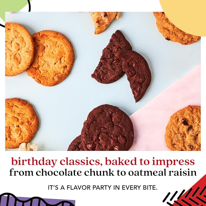 David’s Cookies Happy Birthday Assorted Cookies Gift Tin – 8 Fresh Baked Gourmet Cookies in Chocolate Chunk, Peanut Butter Chip, Double Chocolate Chunk & Oatmeal Raisin – Dessert Gift for Birthdays