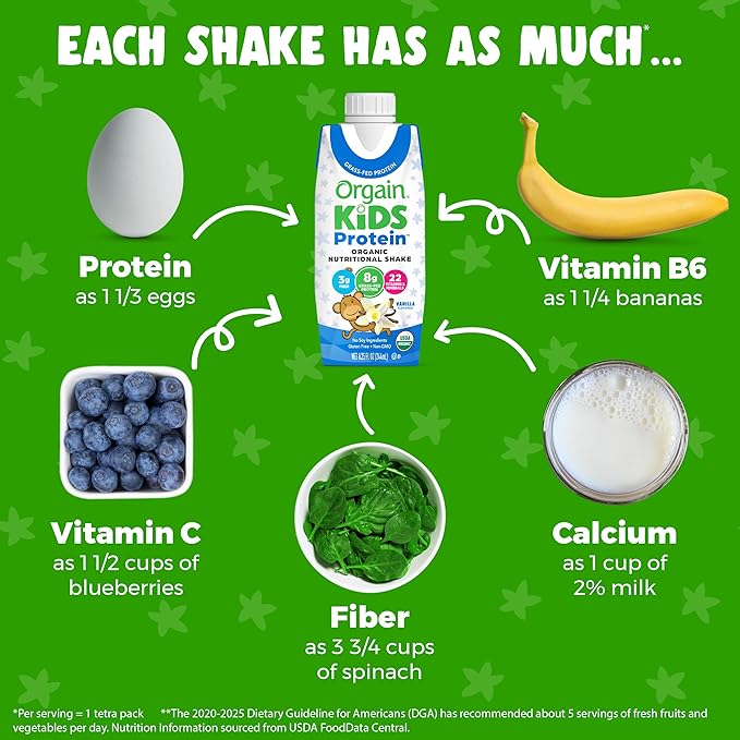 Orgain Organic Kids Protein Nutritional Shake, Vanilla - 8g of Protein, 22 Vitamins & Minerals, Fruits & Vegetables, Gluten Free, Soy Free, Non-GMO, 8.25 Oz, 12 Ct (Packaging May Vary)