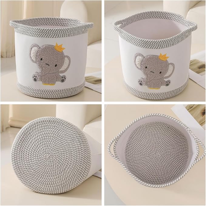 Blanket Baskets Baby Toy Basket Laundry Hamper Cute Elephant Nursery Storage Basket, Woven Cotton Rope Nursery Organization Bins For Girls Boys Kids Baby Shower Gifts Baskets
