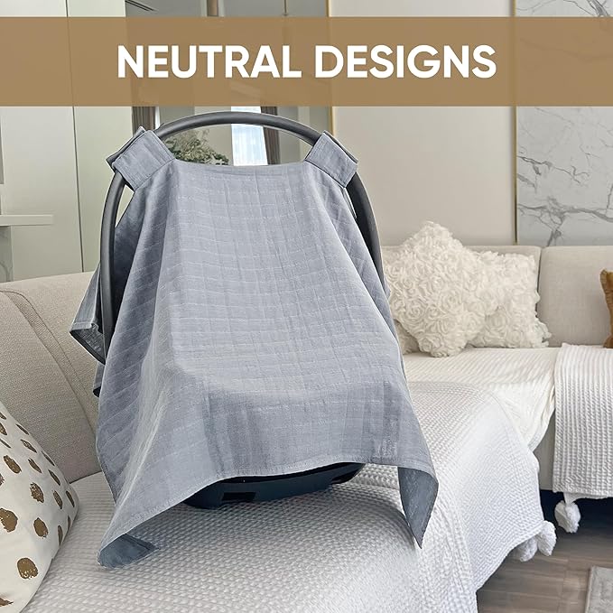 MOZAH Baby Car Seat Cover - Belgian Grey - 100% Organic Muslin - Soft, Breathable and Lightweight, Baby Infant Car Seat Essentials