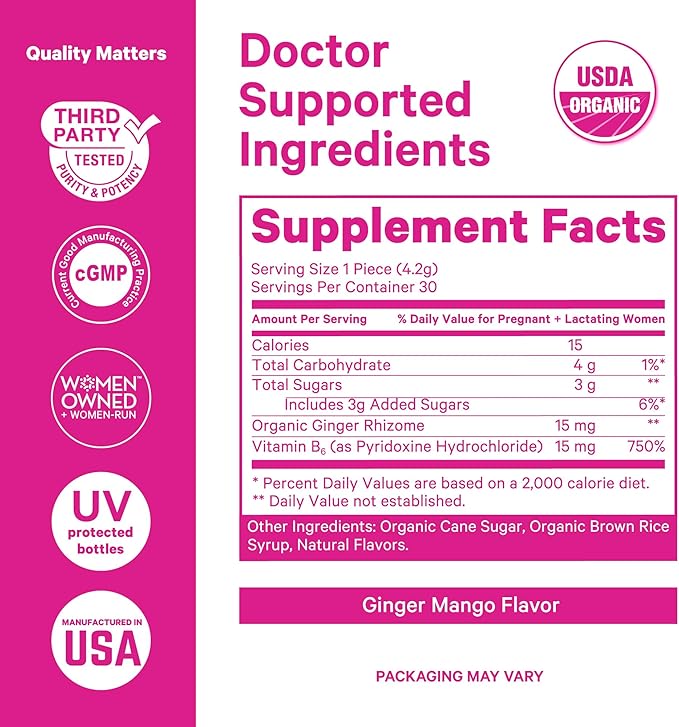 Pink Stork Morning Sickness Sweets, Organic Mango Ginger Candy with Vitamin B6 for Morning Sickness, Motion Sickness, Prenatal Heartburn - Pregnancy Must Haves - 30 Wrapped Drops