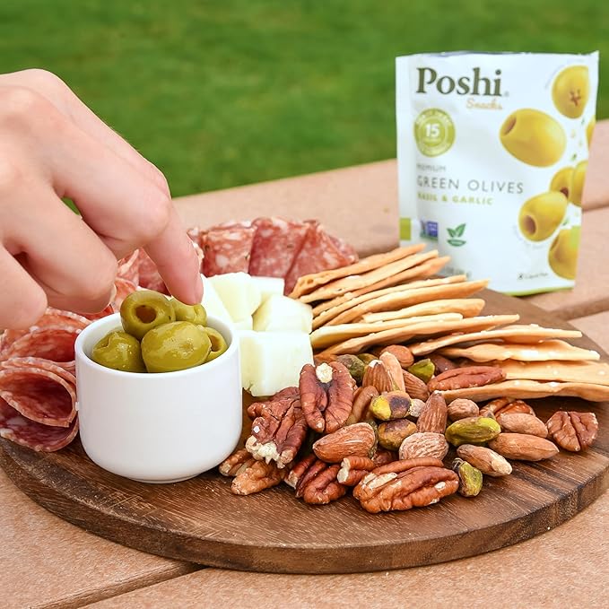 Poshi Green Pitted Olives | Basil & Garlic | Vegan, Kosher, Gluten Free + Keto Friendly, Fresh, Low Calorie Healthy Snacks | (30 Pack, 1.1oz Bags)