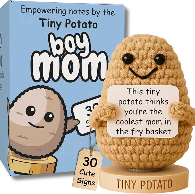 Boy Mom Gift - Handmade Crochet Potato Doll with 30 Empowering Signs for a Mother of Sons Boys - New Mom Present Idea - Postpartum Gifts for After Birth for New 1st Time Moms, Coworker, Friends, Women