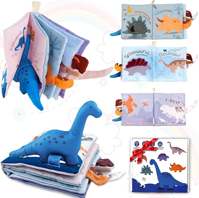 Richgv Baby Books Toys 0-6-12 Months, Baby Boy Gifts Touch and Feel Crinkle Books with Dino Doll, Newborn Infant Carseat Toys 6-9-12 Months Shower Gifts Easter Basket Stuffers