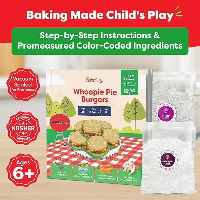 Baketivity Whoopie Pie Burgers Baking Kit for Kids - Kids Baking Set - Real Cooking Set for Girls & Boys Ages 5-12 - Kids Baking Kit with Premeasured Ingredients, STEM Kit for Kids with Instructions