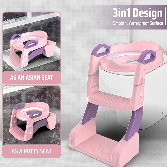 3-in-1 Toddler Potty Training Toilet with Ladder, Easy Assembly, Collapsible Potty Training Seat, Anti-slip Foldable Toddler Toilet Seat with Adjustable Step Stool For Kids Boys And Girls (Pink)