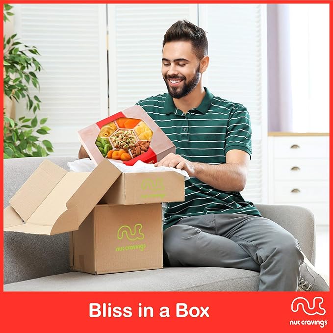 NUT CRAVINGS - Rosh Hashana & Shana Tova Dried Fruit & Mixed Nuts Gift Basket in Red Box (7 Assortments, 1 LB) Food Arrangement, Healthy Snack Care Package, Food Assortments