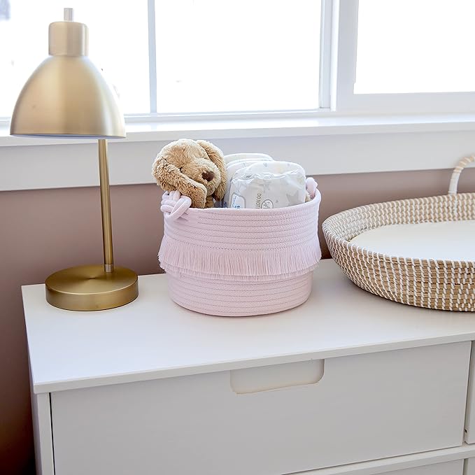 NaturalCozy 3-Piece Decorative Storage Basket Set – Pink Cotton Rope Small Woven Baskets for Organizing for Nursery Baby Stuff, Gift, Vanity, Montessori, Dog Cat Toy Bin, Planter, Bathroom Shelves