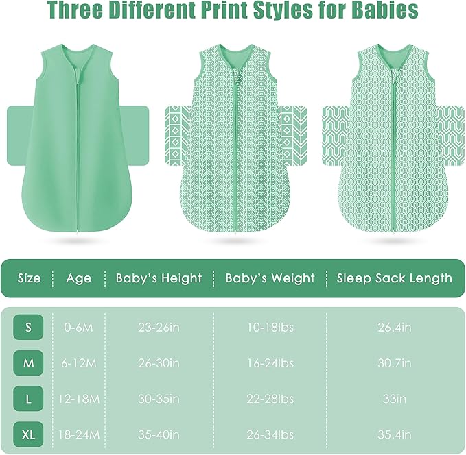 SWEET DOLPHIN Baby Sleep Sack 12-18 Months - 100% Cotton 2-Way Zipper TOG 0.5 Infant Wearable Blanket, Newborn Essentials Toddler 3 Pack Sleeping Sacks - Green