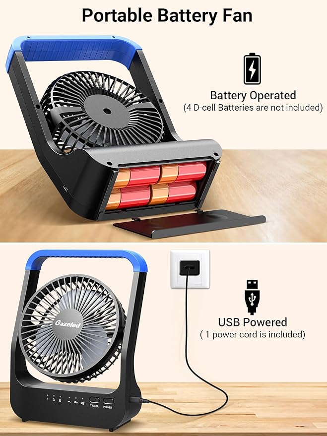 Battery Operated Fan, Camping Fan Battery Powered, Super Long Lasting, Portable D-Cell Battery Powered Desk Fan with Timer, 3 Speeds, Quiet, 180° Rotation, for Office,Bedroom,Outdoor, 5'', Model: F24
