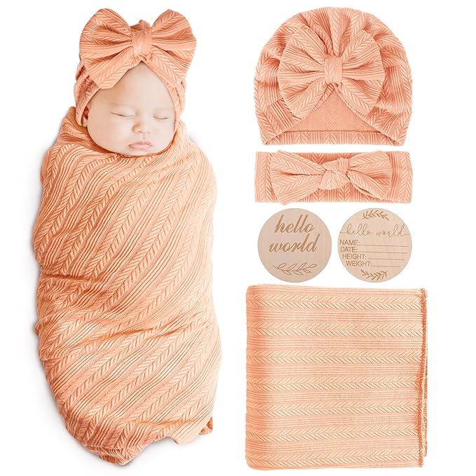 Newborn Receiving Blanket with Bow Hat Headband Wooden Card Set Wheat-Pattern Newborns Toddler Baby Boy Girl Nursery Swaddle Wrap