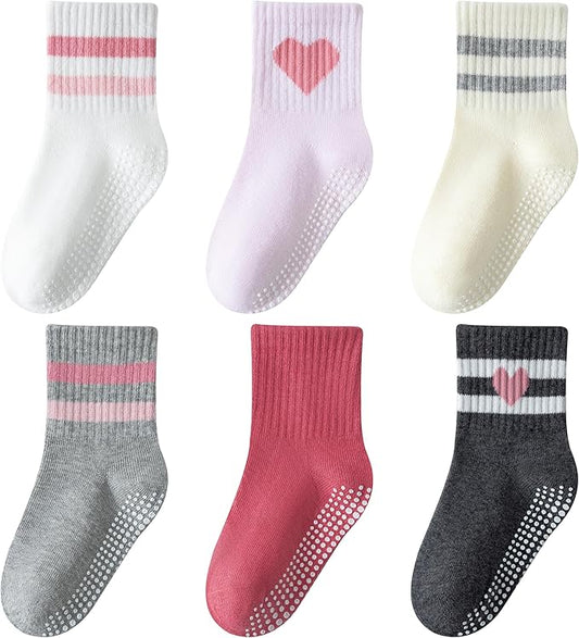 Toddler Grip Socks with Non-Slip, Unisex Baby Retro Stripe Seamless Crew Ankle Cotton Socks for Girls Boys 6 Pairs