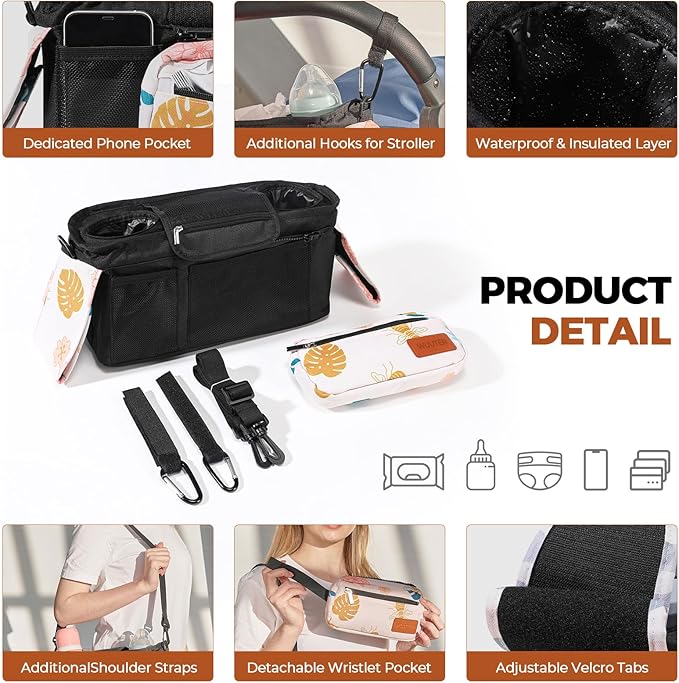 Universal Stroller Organizer with Insulated Cup Holder & Detachable Wristlet Large Capacity Baby Stroller Bag Organizer for Mom, Baby Jogger, Uppababy, Britax, BOB, Umbrella & Pet Strollers (Garden)
