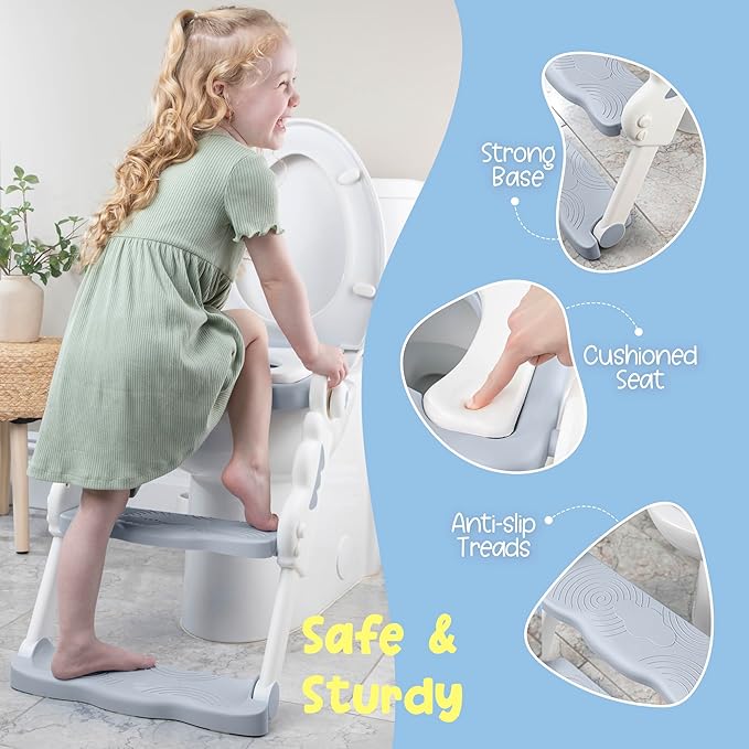 Musical & Sound Toddler Potty Training Seat w/Step Stool Ladder - Collapsible & Adjustable Toilet, Pre Assembled Toddler Toilet Seat w/Music & Sounds - Splash Guard & Anti-Slip Steps - Gray