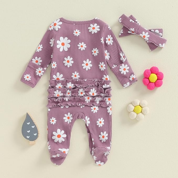 Newborn Girl Clothes Baby Girl Coming Home Outfit Zipper One-piece Outfits Ruffle Footie Bodysuit Jumpsuit Headband