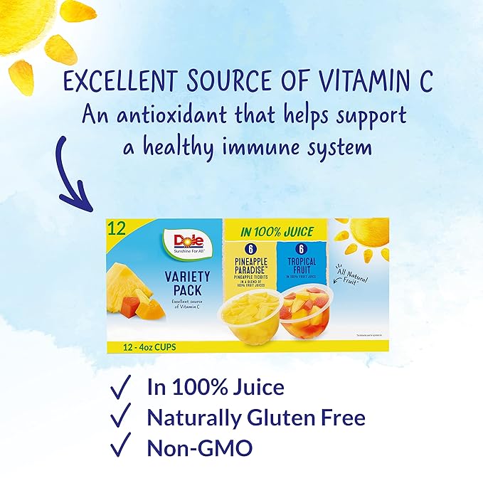 Dole Fruit Bowls Pineapple Tidbits & Tropical Fruit in 100% Juice Snacks, 4oz 12 Total Cups, Gluten & Dairy Free, Bulk Lunch Snacks for Kids & Adults (Pack of 2)
