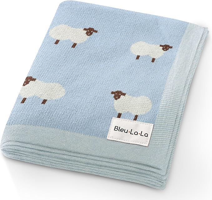 Knit Baby Swaddle Blanket for Boys - 100% Cotton Soft Cozy Lightweight Receiving Swaddling Stroller Quilt Blanket for Newborns Infants Toddlers (Sheep - Baby Blue)