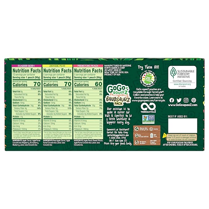 GoGo squeeZ Fruit & veggieZ Applesauce and Puree Variety Pack, Jurassic Pear, Roarrrr Berry & Prehistoric Peach, 3.2 oz (Pack of 20), Unsweetened Snacks for Kids, BPA Free Pouches
