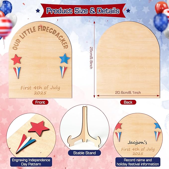 R HORSE Baby's First July 4th Footprint or Handprint DIY Art Sign Craft, 3D Engraved Wooden Hanging Ornament, Newborn Keepsake Gift Photo Prop for Unisex Baby Independence Day Baby Shower Supplies