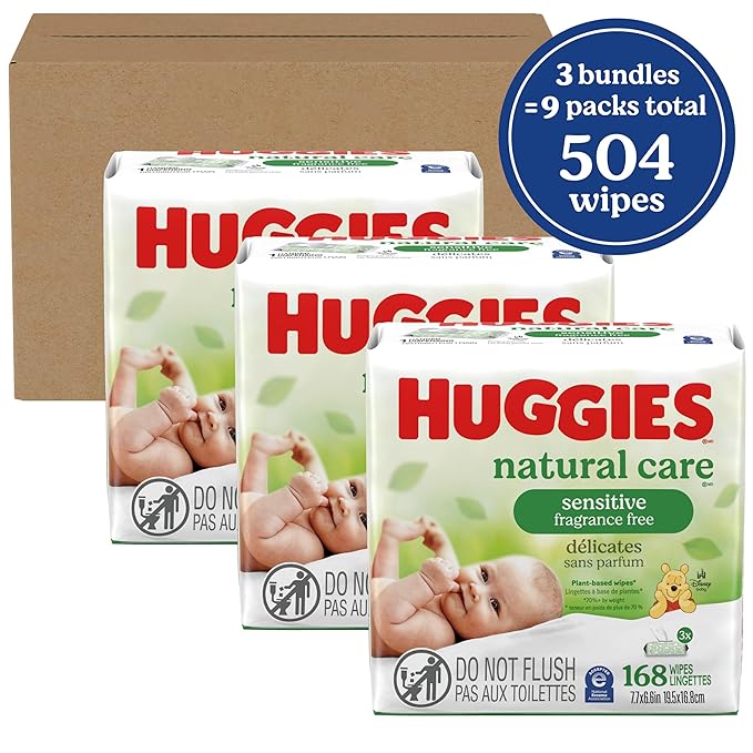 Huggies Natural Care Sensitive Baby Wipes, Unscented, Hypoallergenic, 99% Purified Water, 9 Flip-Top Packs (3 packs of 3), 504 Total Wipes (56 Wipes per pack), Packaging May Vary