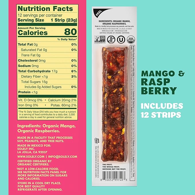 SOLELY - Organic Mango Raspberry Fruit Jerky - 12 Individually Wrapped Fruit Strips - Fruit Leather - Healthy Snacks for Adults & Kids - Non GMO, Vegan Snacks - 0.8oz (23g)