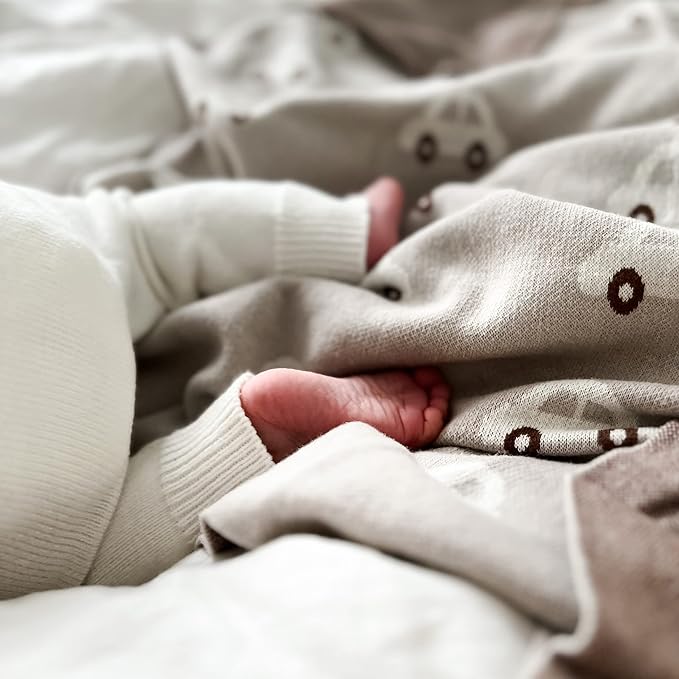 Knit Baby Blanket for Girls and Boys 100% Cotton Buttery Soft Cozy Receiving Swaddle Stroller Blanket for Shower Gift Registry for Newborns, Infants, Toddlers (Cars - Cream)