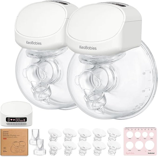 KeaBabies Hands Free Breast Pump Wearable, Portable - With Full Set Soft Silicone Flange Inserts, 3 Modes & 9 Strong Suction Levels, Pulse S10 Pro Quiet Double Electric Breastfeeding Pumps, 2-PK (Zen)