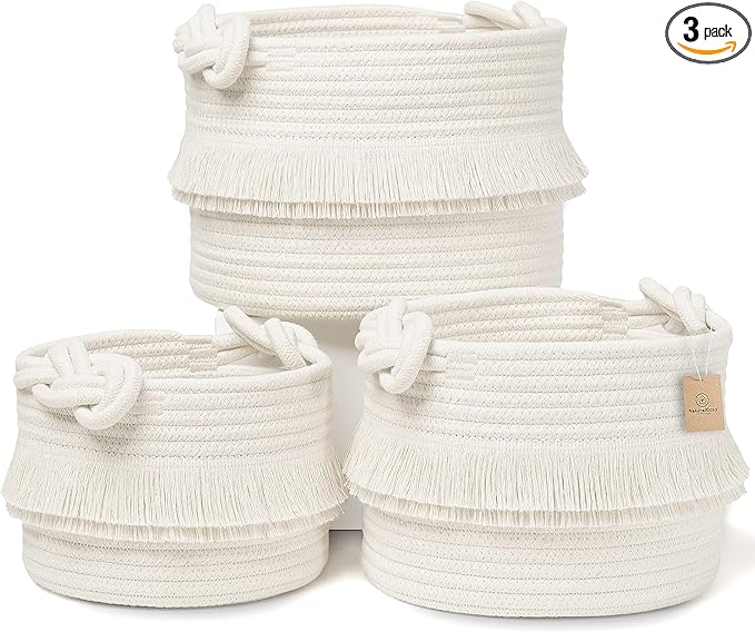 NaturalCozy 3-Piece Decorative Storage Basket Set – Cotton Rope Woven Baskets for Organizing! Small Storage Bins for Nursery Baby Stuff, Gift, Montessori, Dog Toy Bin, Cat Toys, Bathroom Shelves