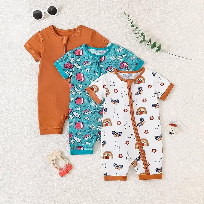 OPAWO Bamboo Baby Pajamas 3 Pack, Double Zipper Bamboo Sleepers for Baby Boy Girl Romper, Toddler Summer Clothes Outfit 0-24M