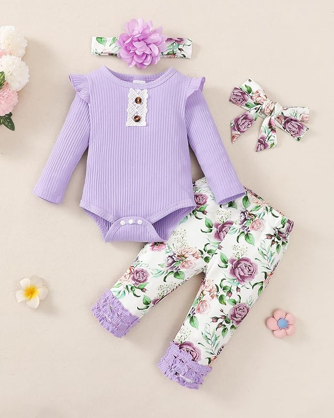 Renotemy Newborn Baby Girl Clothes Outfits Infant Romper Ruffle Floral Pants Cute Toddler Baby Girl Clothes Set