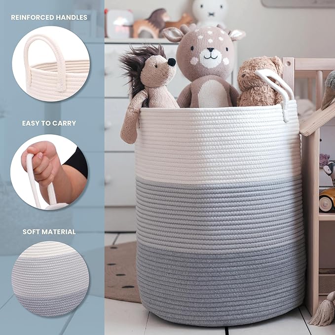 OrganiHaus Gray Nursery Laundry Basket 15x18, Farmhouse Hamper Basket, Extra Large Storage Basket, Blanket Basket for Living Room, Baby Laundry Hamper, Toy Basket for Kids