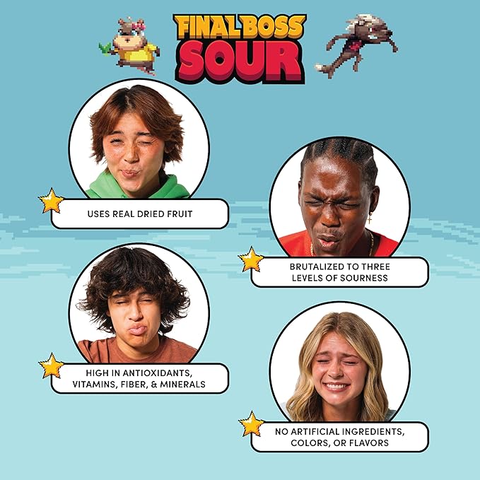 Final Boss Sour Candy Variety Pack, Natural Fruit Chews with Dried Fruit, Cane Sugar & Sunflower Oil, All Sour Levels, Low Calorie Healthy Snack for Kids, Teens, Adults, Lunch Boxes & On The Go, 18 Pack