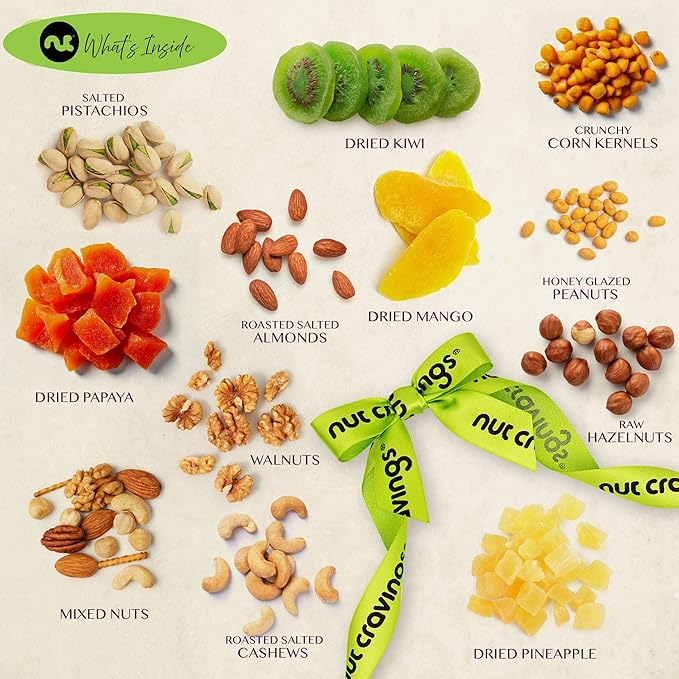 NUT CRAVINGS - Rosh Hashana & Shana Tova Dried Fruit & Mixed Nuts Gift Basket in Reusable Wooden Tray + Ribbon (12 Assortments) Food Arrangement, Healthy Snack Care Package, Food Assortments