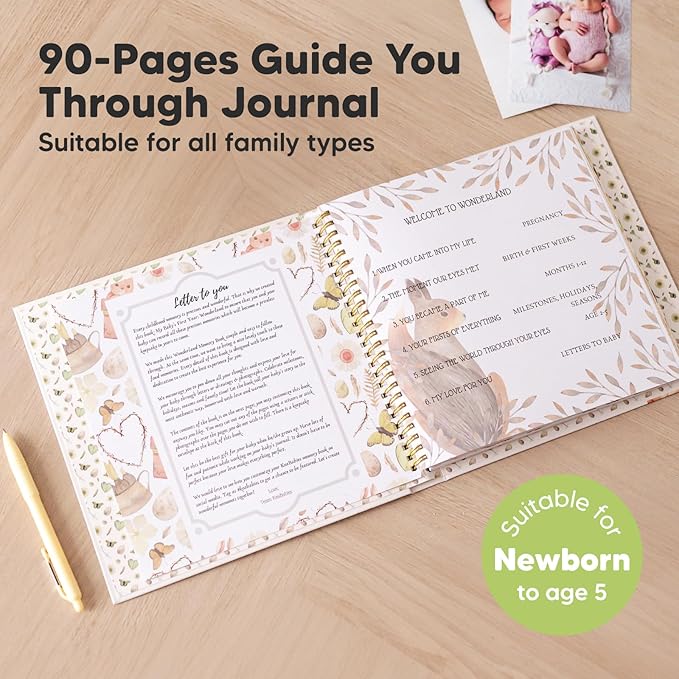 First 5 Years Baby Memory Book Girl, Boy - 90 Pages Hardcover First Year Milestone Keepsake Book, Newborn Scrapbook for New Parents, Minimalist Photo Album Journal, Gift for Baby Shower (WonderLand)