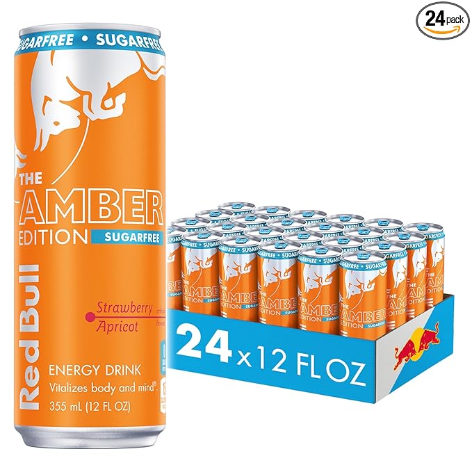 Red Bull Amber Edition Sugar Free Energy Drink, Strawberry Apricot, with 114mg Caffeine plus Taurine & B Vitamins, 12 Fl Oz, Pack of 24 Cans